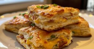 Stacked golden brown homemade cheesy pancetta biscuits filled with melted cheese and crispy pancetta, garnished with green onions.