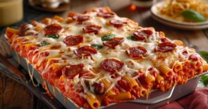 cheesy baked ziti with sausage and pepperoni, topped with melted mozzarella and fresh basil in a casserole dish.