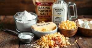 ingredients for homemade cheesy pancetta biscuits, including shredded cheese, butter, flour, baking powder, and cream.