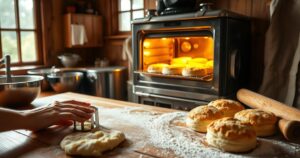 Freshly cut biscuit dough being shaped and baked in a warm rustic kitchen — showcasing the step-by-step process of making homemade cheesy pancetta biscuits.