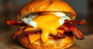 tasty fried egg breakfast sandwich with crispy bacon, cheddar cheese, and a runny yolk dripping over a toasted brioche bun.