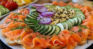 smoked salmon bagel bar platter with sliced salmon, cucumber, red onion, fresh dill, capers, and cream cheese on a white serving tray.
