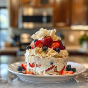 A glass bowl filled with layers of the Easy 4th of July Trifle with Cool Whip, berries, and cake cubes