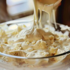 Thick creamy whipped topping being poured over pound cake pieces in a glass bowl