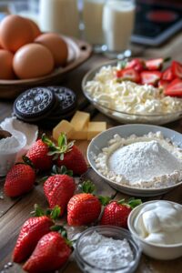 Strawberry lasagna ingredients including cream cheese, Oreos, strawberries