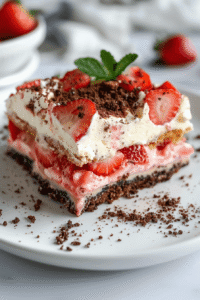 Side view of strawberry lasagna showing cream, strawberry, and crust layers