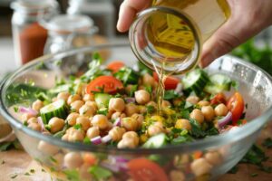 Pouring olive oil over The Delicious Plate Moroccan Chickpea Salad with chickpeas, tomatoes, cucumbers, red onion, and fresh parsley.