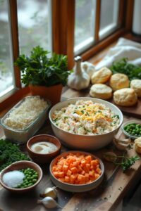 Freshly baked Easy Mini Chicken Pot Pies sliced on a plate with visible ingredients