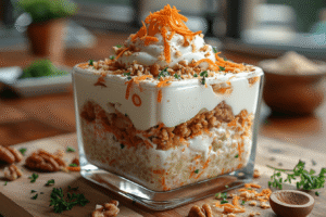 High-protein carrot cake overnight oats in a jar topped with walnuts and shredded carrots.