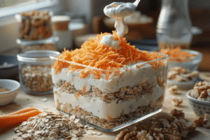 High-protein carrot cake overnight oats in a jar topped with walnuts and shredded carrots.