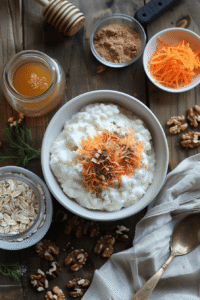 High-protein carrot cake overnight oats in a jar topped with walnuts and shredded carrots.