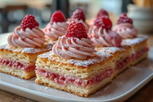 Raspberry butter swim biscuits fresh from the oven, golden and fruity with melted butter in a baking dish.