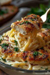 Freshly baked Spinach Chicken Alfredo Delight sliced on a plate with visible ingredients