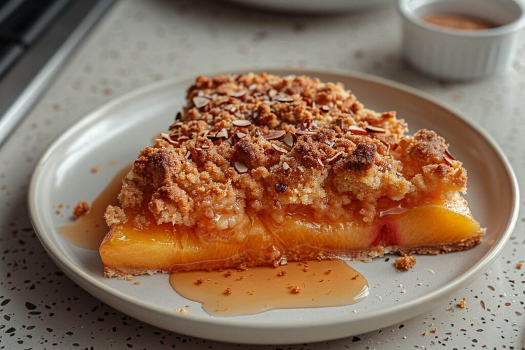 A rustic Peach Recipes with golden crust and juicy peach slices bubbling through, shot in a bright kitchen setting