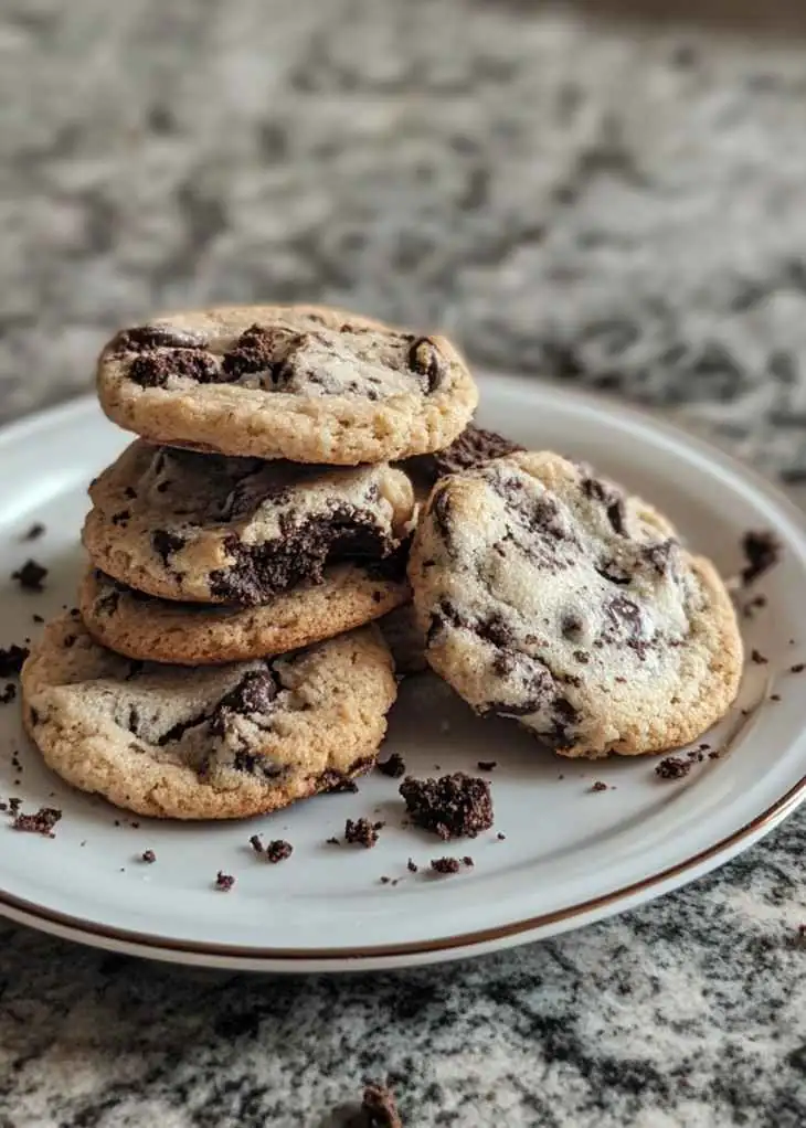 Broken cookies and cream cookie showing soft interior with cookie chunks
