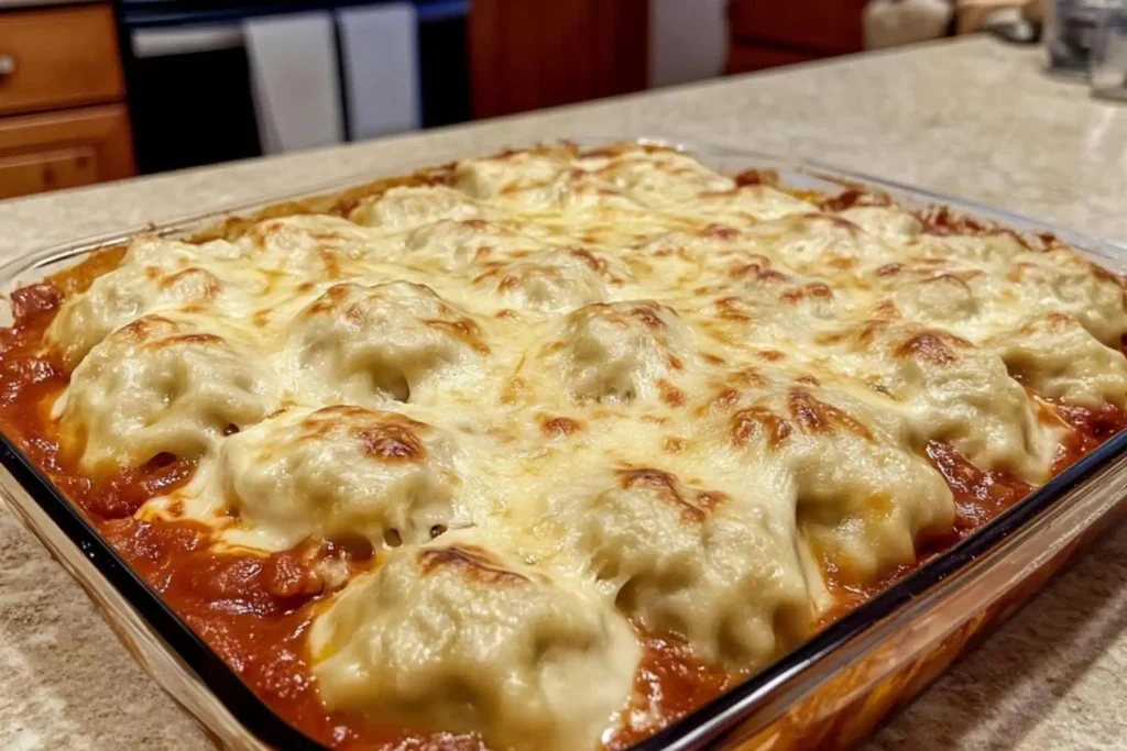 Baked dumpling lasagna in a glass casserole dish, topped with melted golden cheese over tomato sauce.