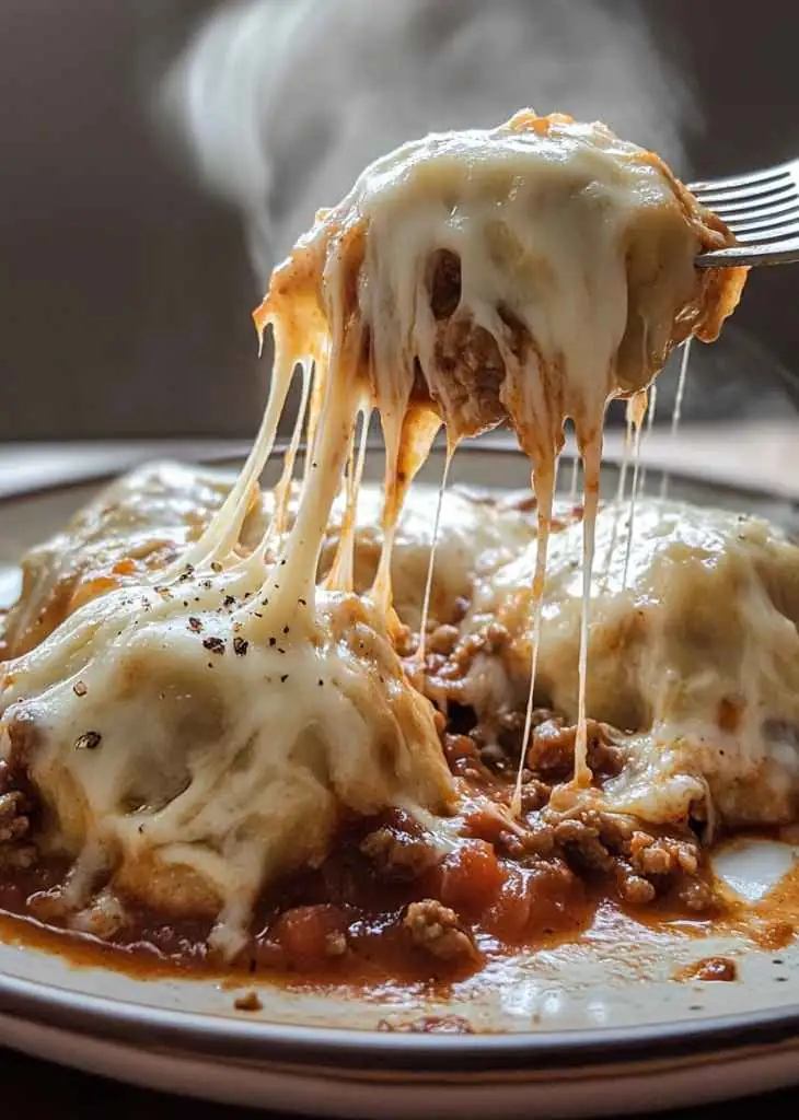 Portion of dumpling bake served on plate with sauce