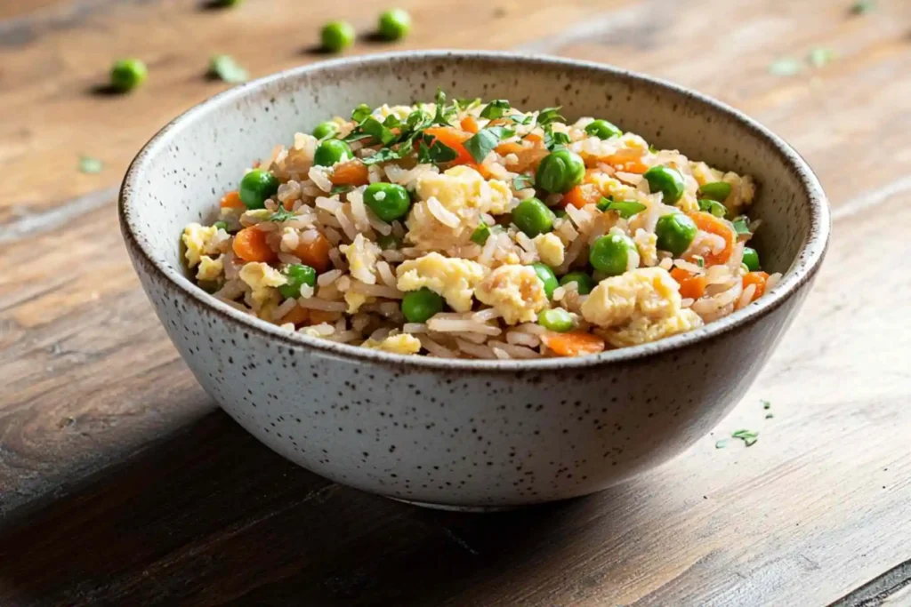 Bowl of easy fried rice recipe with eggs and vegetables