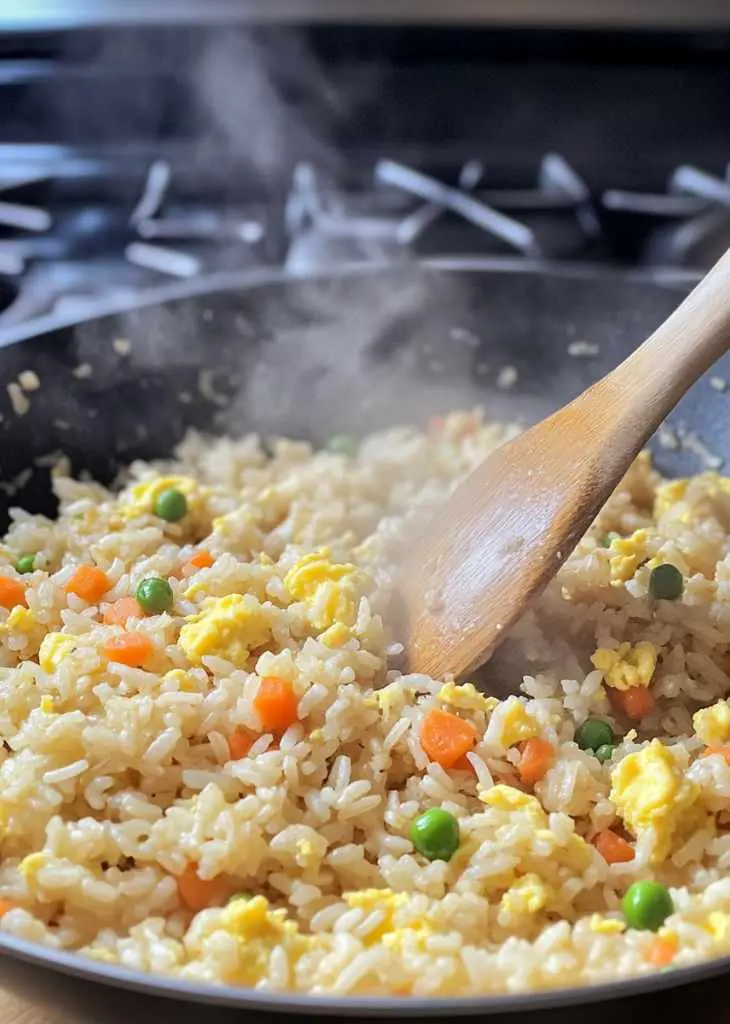 Homemade easy fried rice in a skillet with peas, carrots, scrambled eggs, and steam rising as it cooks.