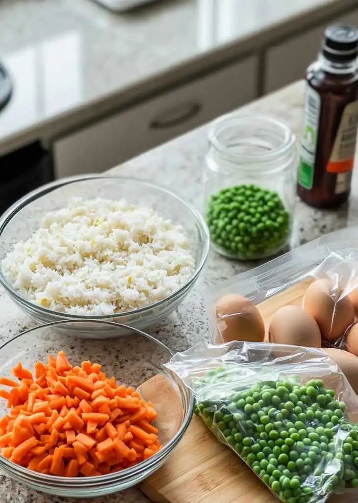 Fresh ingredients for easy fried rice including cooked rice, diced carrots, peas, and eggs arranged on a kitchen counter.