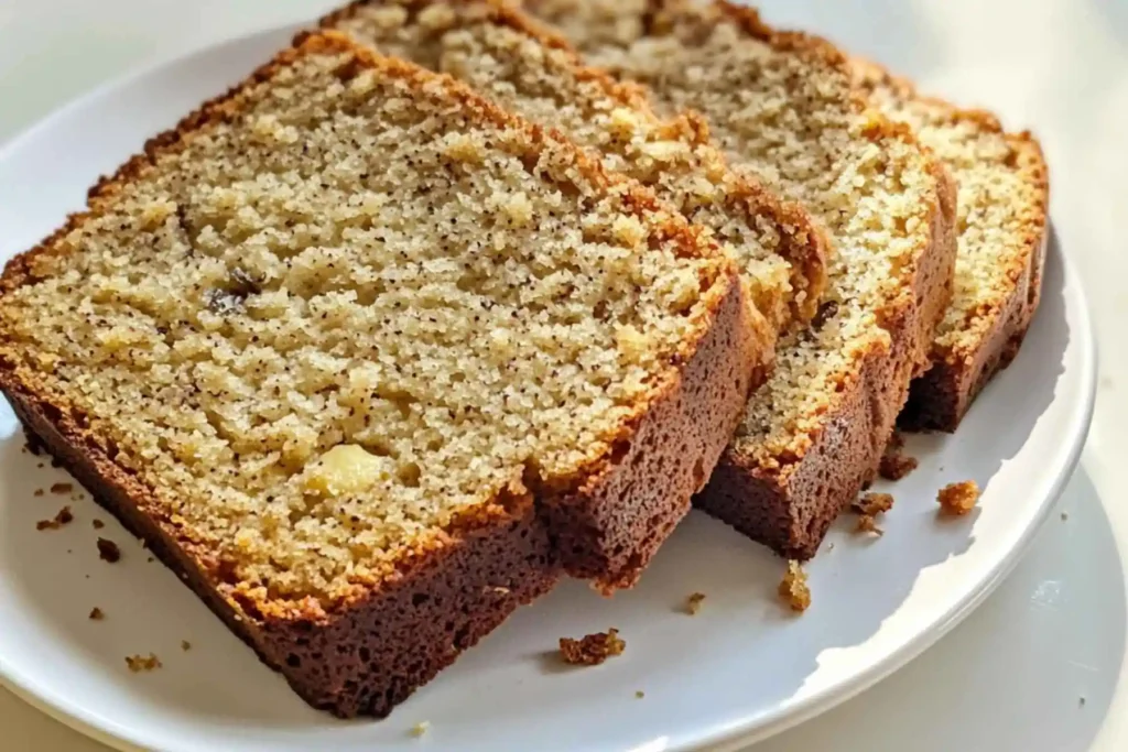 Slices of banana bread recipe showing moist crumb on white plate