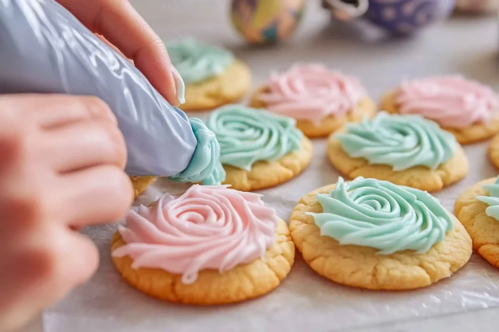 Easter cookies on white plate with pastel icing