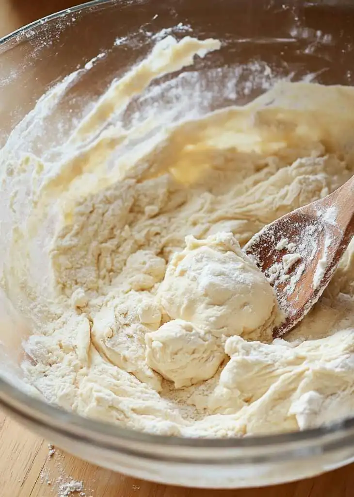 Mixing dough for Easter cookies in bowl with flour on counter