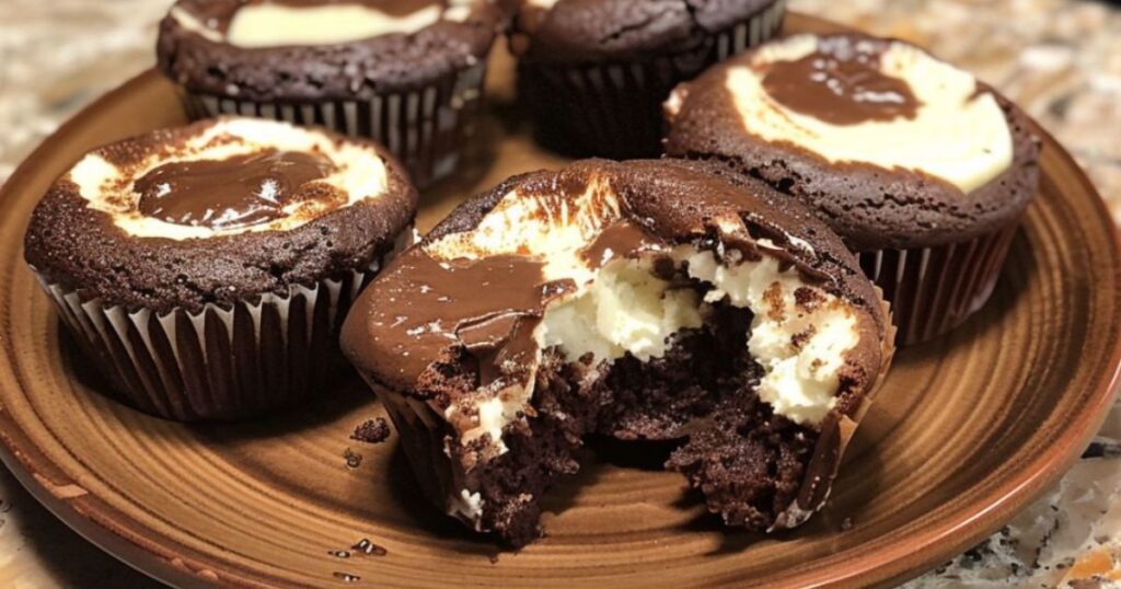 Cheesecake stuffed chocolate cupcakes with creamy centers on a brown plate.