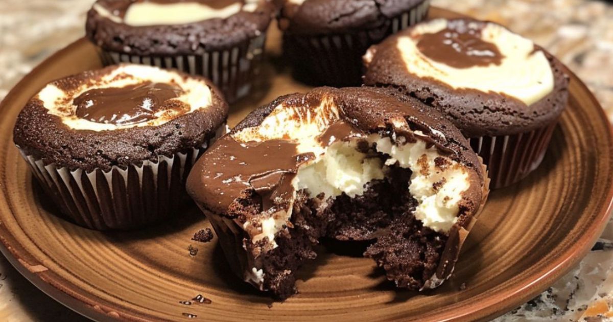 Cheesecake stuffed chocolate cupcakes with creamy centers on a brown plate.