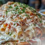 Cheesy baked ziti with sausage, marinara sauce, and parsley, served hot on a wooden board.