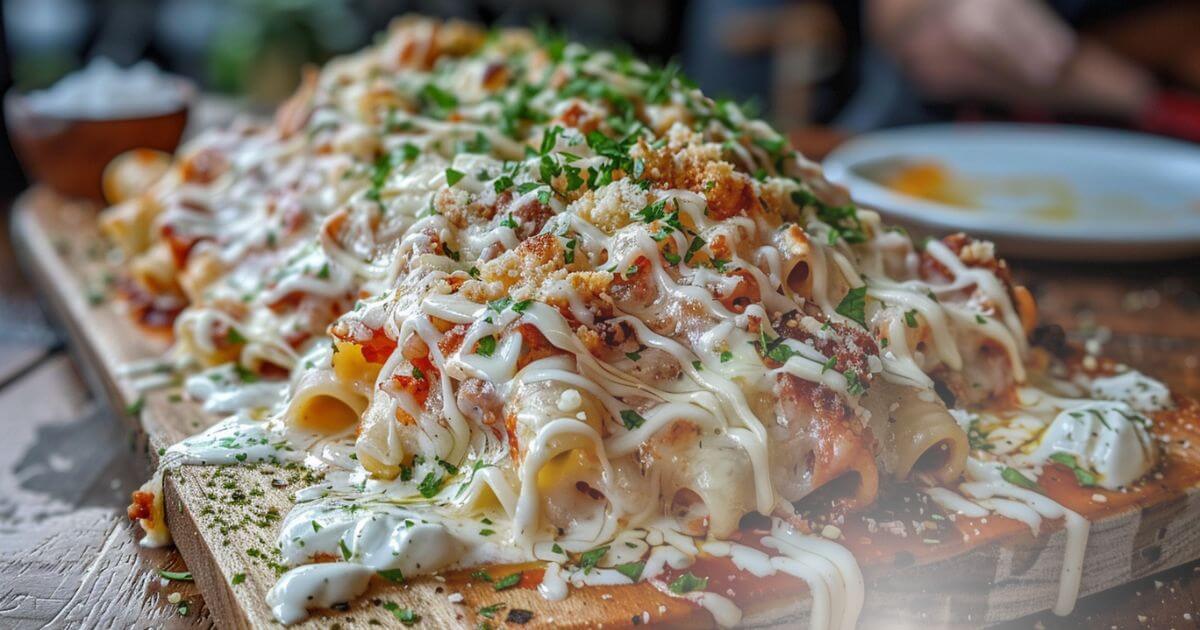 Cheesy baked ziti with sausage, marinara sauce, and parsley, served hot on a wooden board.