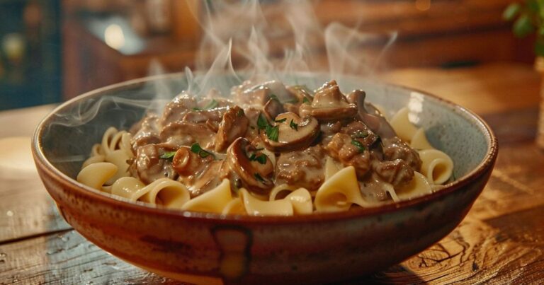 Steaming bowl of ground beef stroganoff with mushrooms and creamy sauce served over wide egg noodles.