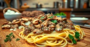Plate of ground beef stroganoff with mushrooms and creamy sauce served over pasta, garnished with fresh parsley.