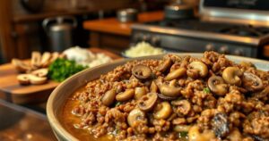 delicious ground beef stroganoff with mushrooms in a creamy sauce, served in a bowl with chopped ingredients in the background.