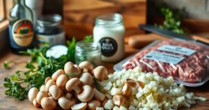 Fresh ingredients for ground beef stroganoff including mushrooms, diced onions, sour cream, parsley, Worcestershire sauce, and ground beef on a wooden counter.
