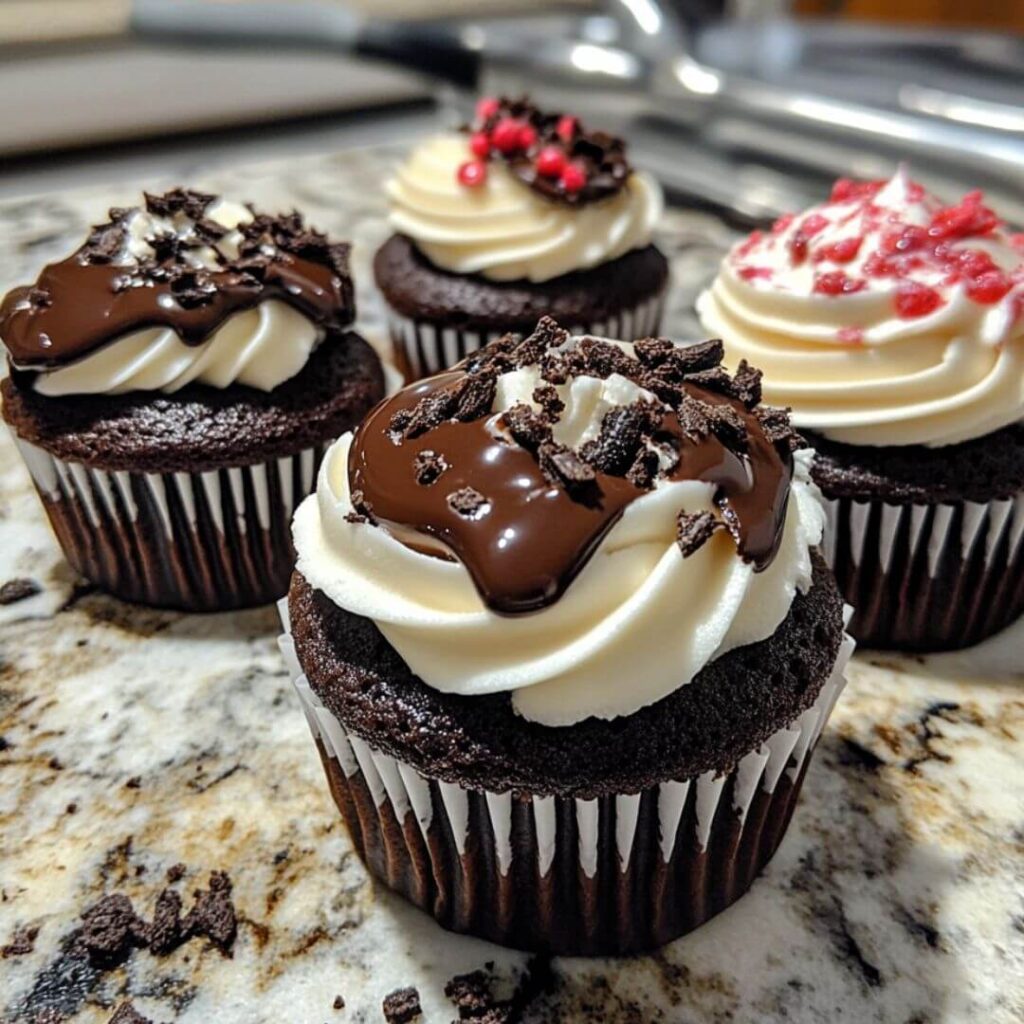 Assorted cheesecake stuffed chocolate cupcakes with different toppings like chocolate drizzle, red sprinkles, and candy pearls.