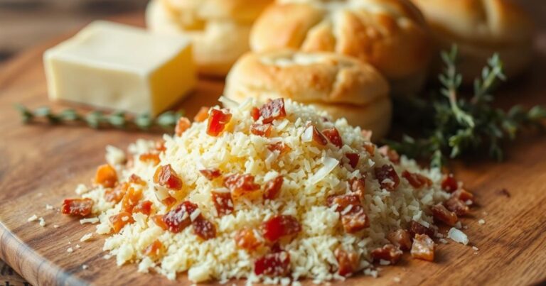 Freshly grated cheese mixed with pancetta bits on a wooden board, with soft biscuits and butter