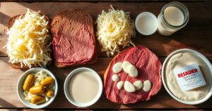 Flat lay of Reuben sandwich ingredients including rye bread, corned beef, shredded cheese, sauerkraut, pickles, and creamy dressing with possible substitutions.