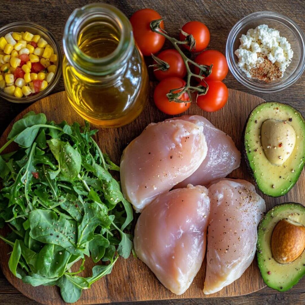 Fresh ingredients for chicken avocado salad including raw chicken breasts, avocado halves, cherry tomatoes, arugula, corn, cheese, and olive oil.