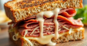  classic Reuben sandwich with layers of corned beef, melted Swiss cheese, sauerkraut, and creamy dressing on toasted rye bread.