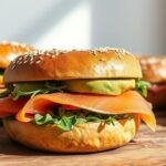 Fresh sesame seed bagels filled with smoked salmon, avocado slices, and arugula displayed on a wooden board in natural light.