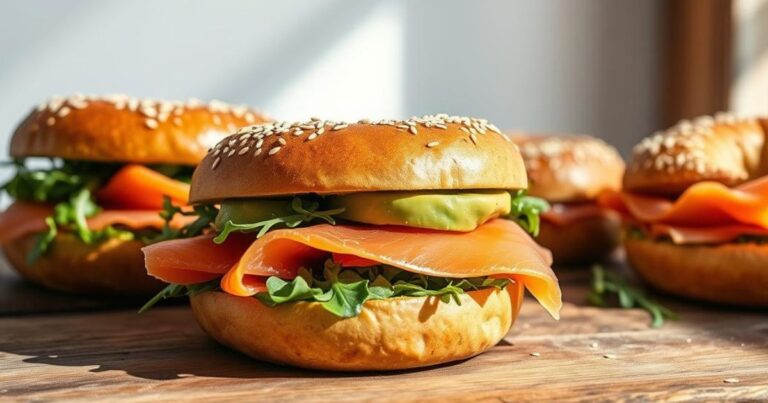 Fresh sesame seed bagels filled with smoked salmon, avocado slices, and arugula displayed on a wooden board in natural light.