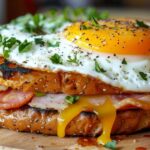 fried egg breakfast sandwich with crispy bacon, melted cheese, and herbs on toasted bread, with yolk dripping down.