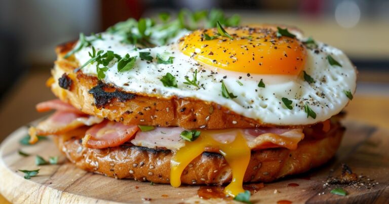 fried egg breakfast sandwich with crispy bacon, melted cheese, and herbs on toasted bread, with yolk dripping down.