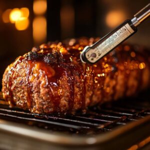 Close-up of glazed turkey meatloaf with a meat thermometer checking internal temperature during baking.