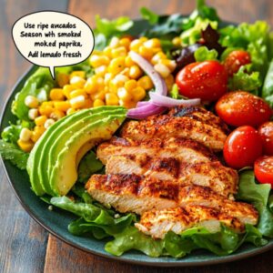 Grilled chicken avocado salad with corn, cherry tomatoes, red onions, and a seasoning tip bubble suggesting paprika and lemon.