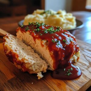 Sliced turkey meatloaf topped with ketchup glaze, served with mashed potatoes in the background.