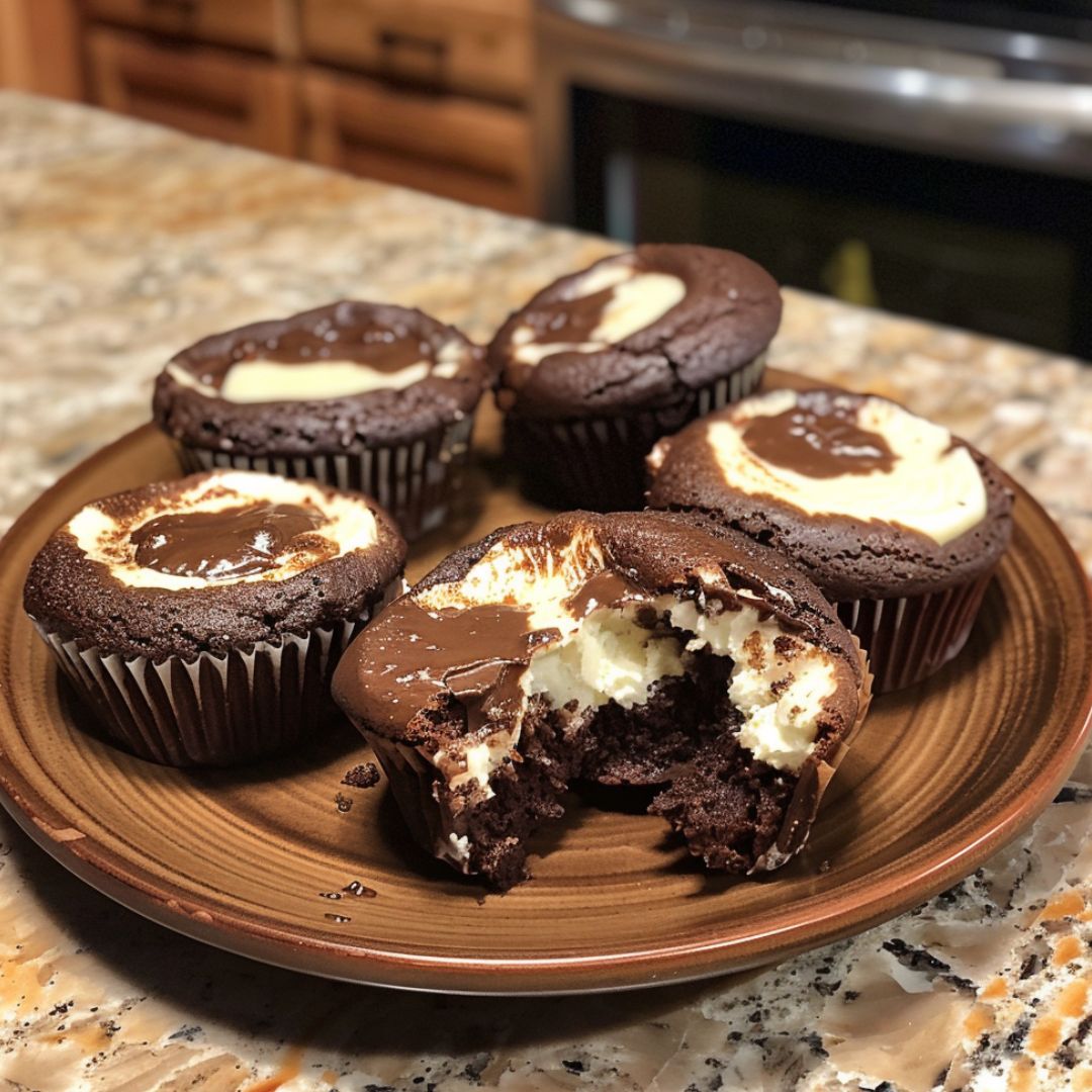 Cheesecake stuffed chocolate cupcakes with creamy centers on a brown plate.