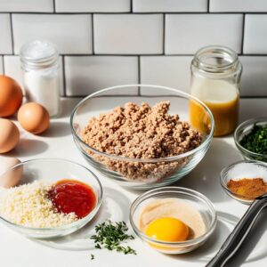 Fresh ingredients for the best turkey meatloaf recipe, including ground turkey, egg, breadcrumbs, ketchup, herbs, and seasonings.