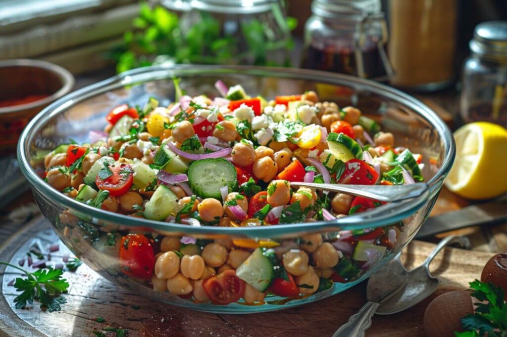 Fresh Moroccan chickpea salad with cherry tomatoes, cucumbers, red onions, parsley, and feta in a glass bowl on a rustic wooden table.